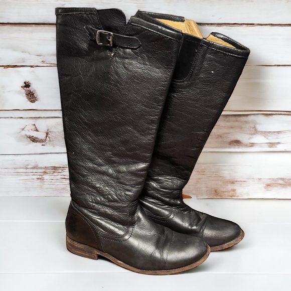 Frye Pippa Tall Zip Back Leather Riding Boots Elastic Panel Buckle Black Moto 8 - Picture 1 of 11
